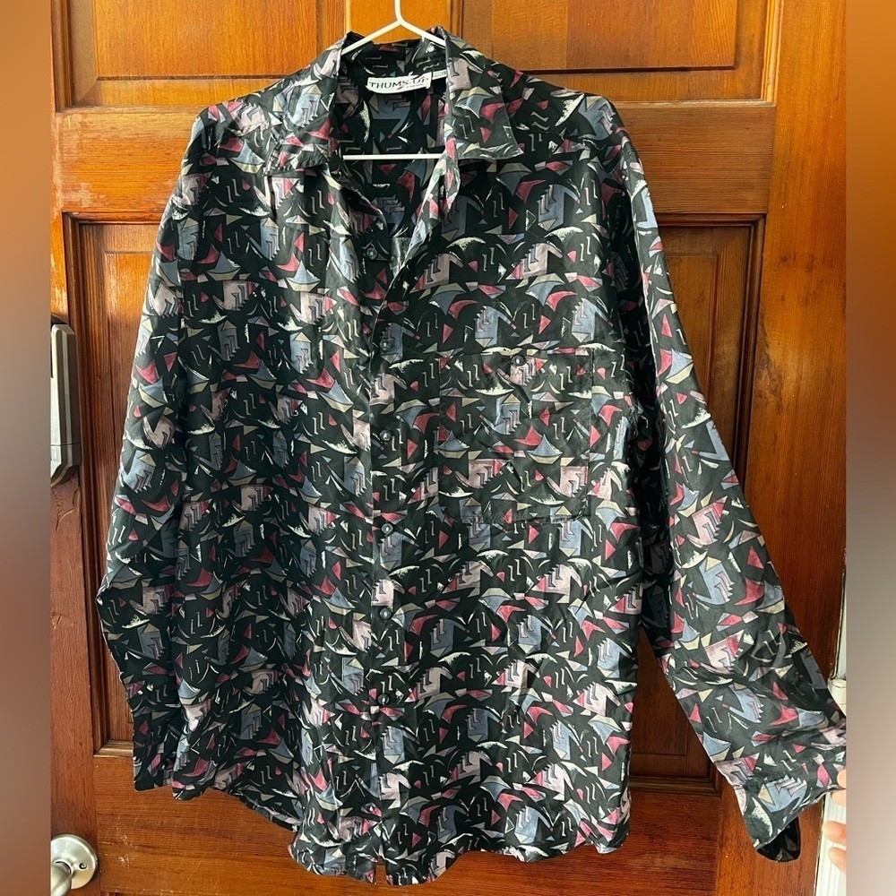 Vintage Thums-Up for Him 100% Silk Shirt – Abstract 80s 90s Button-Up Size S